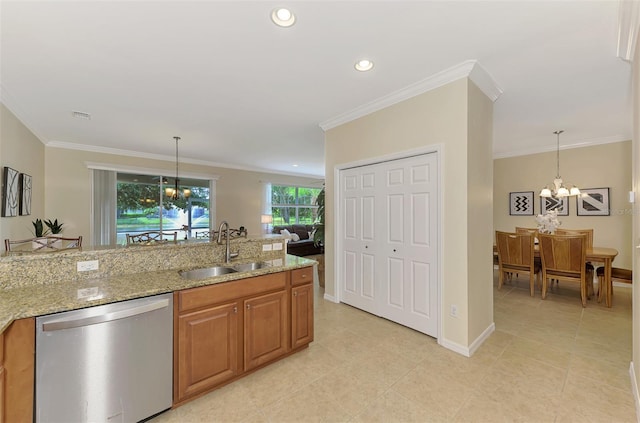 kitchen with sink, stainless steel dishwasher, a notable chandelier, and light stone counters