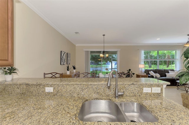 kitchen with crown molding, sink, and light stone counters