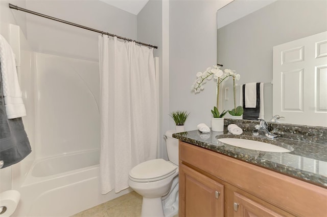 full bathroom with vanity, shower / bath combo, tile patterned floors, and toilet