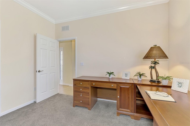 office space featuring ornamental molding and light colored carpet