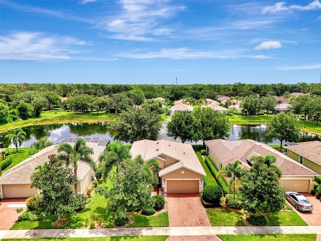 bird's eye view with a water view