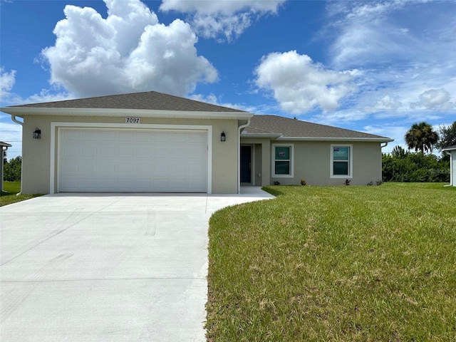 single story home with a garage and a front yard