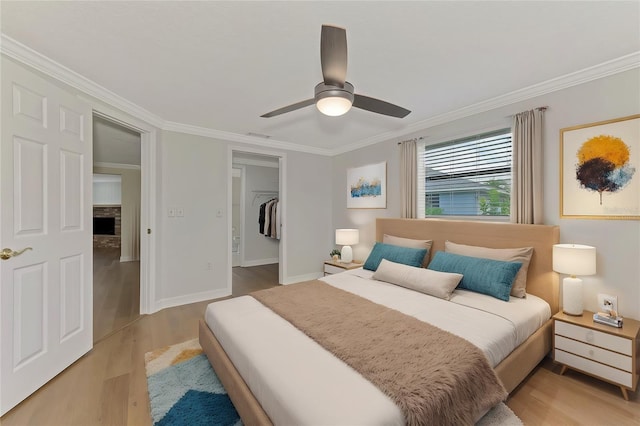 bedroom with a walk in closet, ornamental molding, a closet, ceiling fan, and light hardwood / wood-style floors