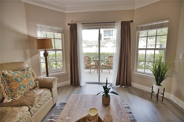 living room with light wood-type flooring and ornamental molding