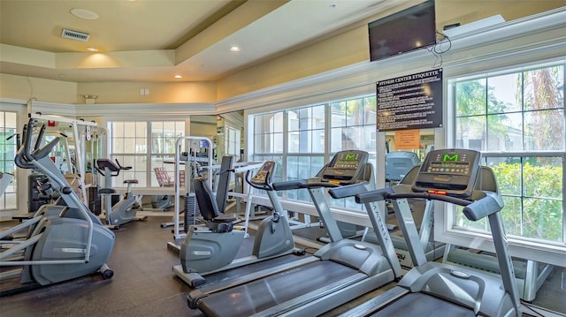 exercise room featuring a tray ceiling