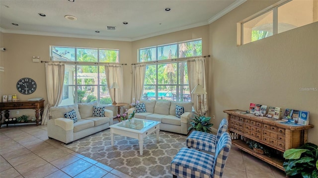 living room featuring ornamental molding, light tile patterned flooring, and plenty of natural light