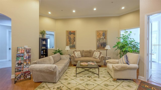 living room with light hardwood / wood-style flooring and crown molding