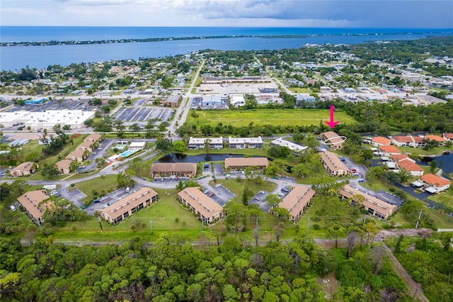 drone / aerial view featuring a water view