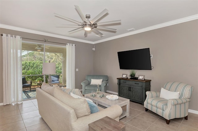 tiled living room featuring crown molding and ceiling fan