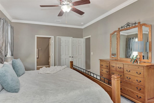 bedroom with ensuite bathroom, ceiling fan, and ornamental molding