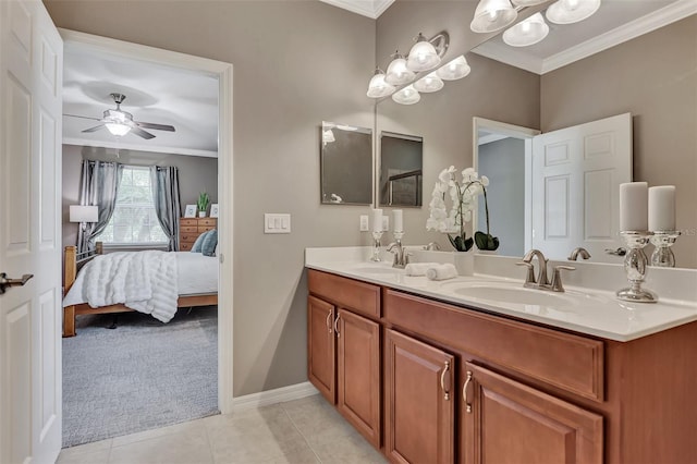 bathroom featuring double vanity, tile patterned flooring, crown molding, and ceiling fan