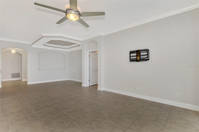 empty room featuring crown molding, ceiling fan, and tile patterned flooring