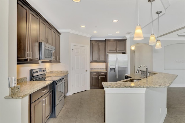 kitchen with light stone countertops, sink, stainless steel appliances, crown molding, and pendant lighting