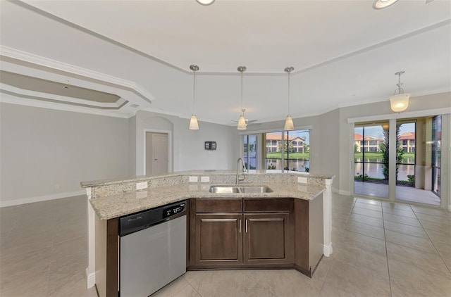 kitchen with stainless steel dishwasher, dark brown cabinets, sink, and a center island with sink