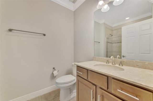 bathroom featuring vanity, tile patterned floors, toilet, ornamental molding, and an enclosed shower