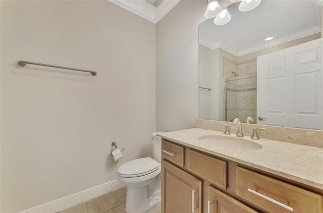 bathroom featuring tile patterned flooring, ornamental molding, vanity, an enclosed shower, and toilet