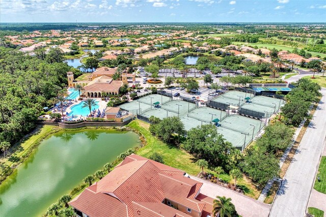 drone / aerial view featuring a water view