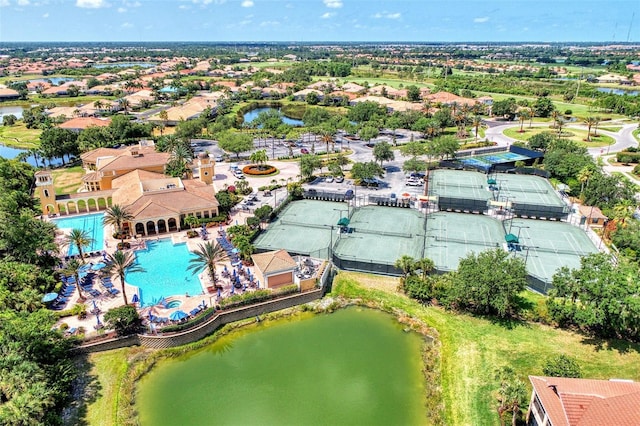 aerial view featuring a water view