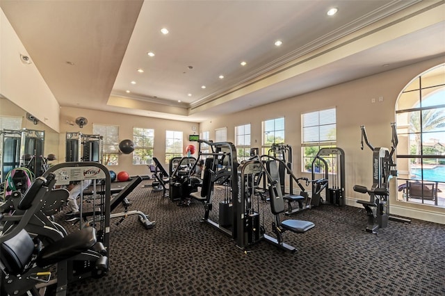 workout area with crown molding, plenty of natural light, and a raised ceiling