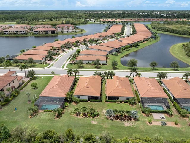 drone / aerial view featuring a water view