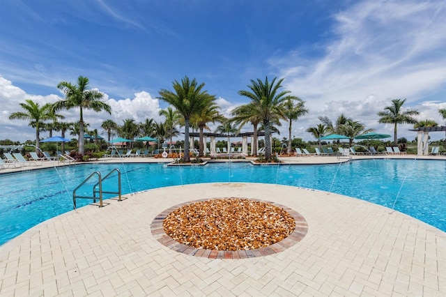 view of swimming pool featuring a patio area