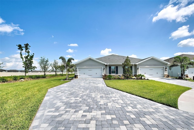 single story home featuring decorative driveway, an attached garage, and a front yard