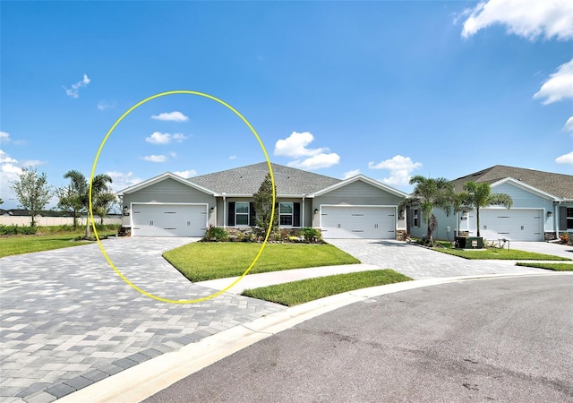 ranch-style home with a garage, decorative driveway, and a front yard