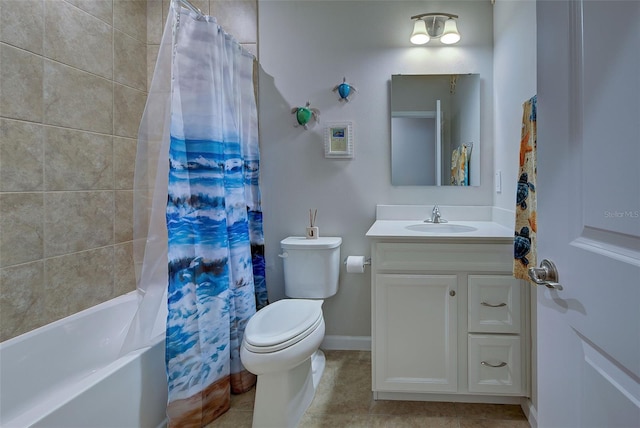 bathroom featuring toilet, shower / bathtub combination with curtain, baseboards, and vanity