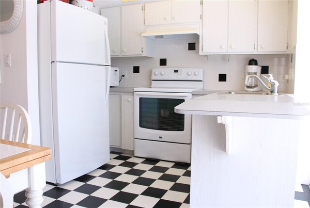 kitchen featuring white cabinetry, sink, white appliances, and backsplash