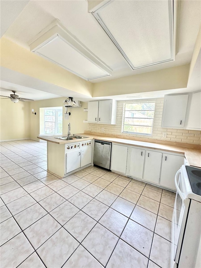 kitchen with white electric range, a healthy amount of sunlight, ceiling fan, and stainless steel dishwasher