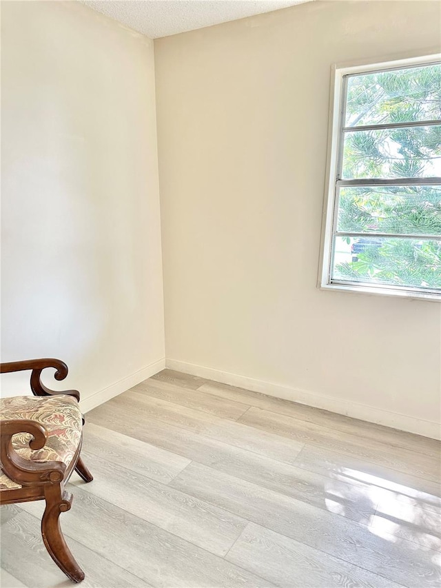 empty room with light hardwood / wood-style floors and a textured ceiling