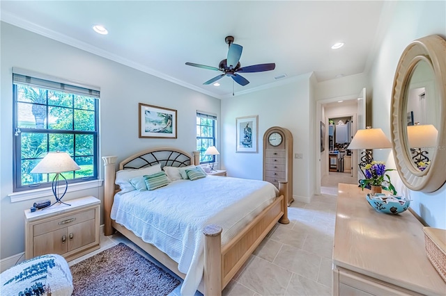 bedroom featuring ceiling fan, multiple windows, light tile patterned floors, and crown molding