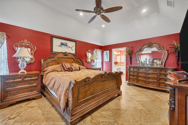 bedroom featuring ceiling fan and ensuite bathroom