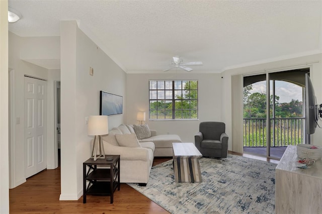 living room featuring ceiling fan, crown molding, and wood-type flooring