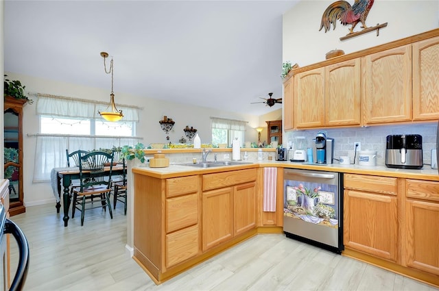 kitchen featuring sink, light hardwood / wood-style flooring, stainless steel dishwasher, tasteful backsplash, and kitchen peninsula