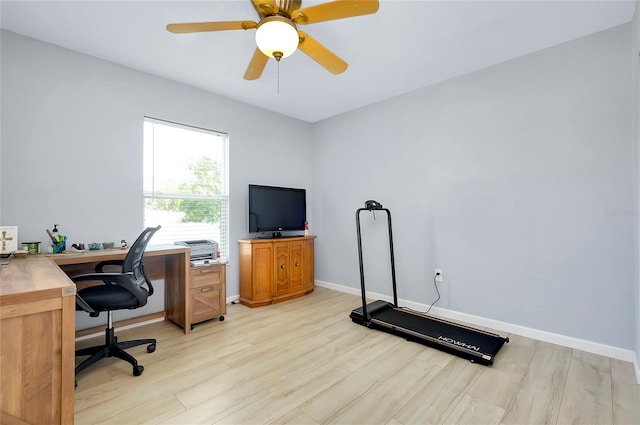 office area featuring ceiling fan and light hardwood / wood-style flooring