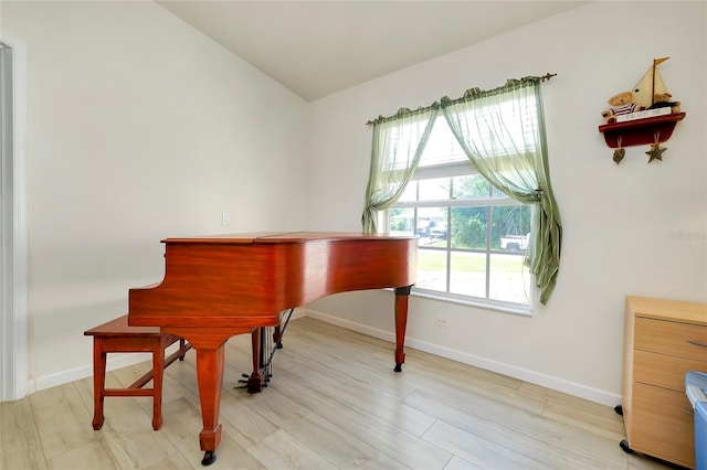 miscellaneous room featuring light hardwood / wood-style floors and lofted ceiling