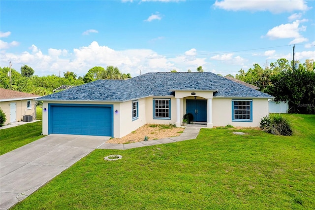 single story home featuring a garage, central air condition unit, and a front lawn