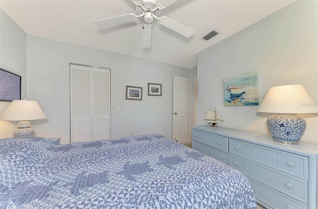 bedroom with ceiling fan, a textured ceiling, and a closet