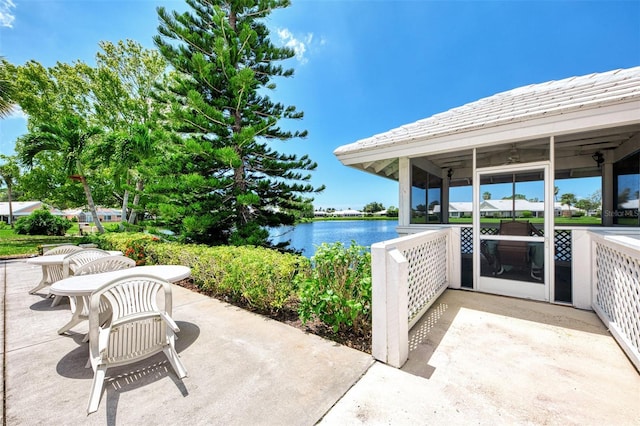 view of patio / terrace featuring a water view