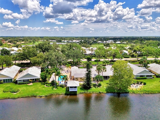 drone / aerial view with a water view