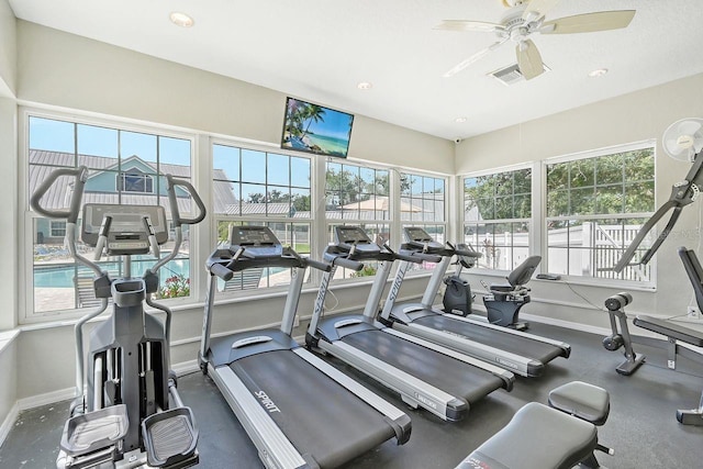 gym featuring a wealth of natural light and ceiling fan