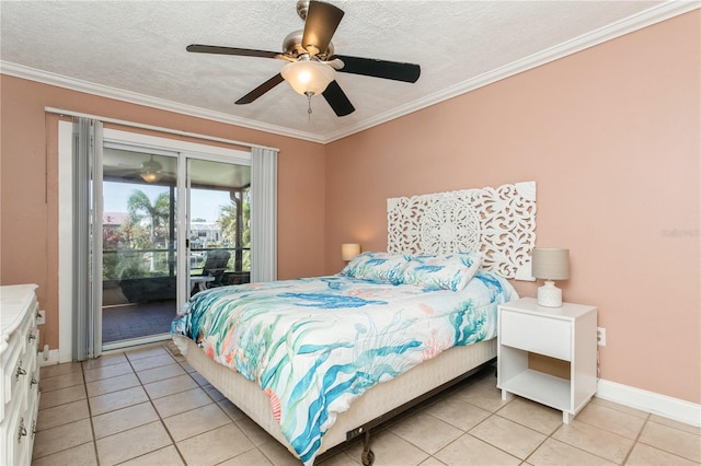 bedroom with a textured ceiling, light tile patterned flooring, access to outside, ornamental molding, and ceiling fan