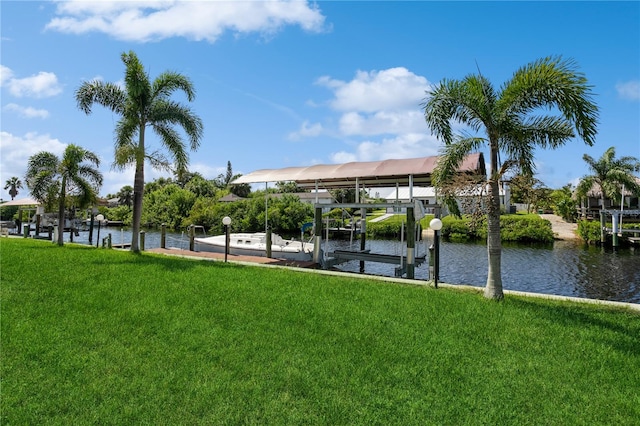 view of dock featuring a water view and a yard