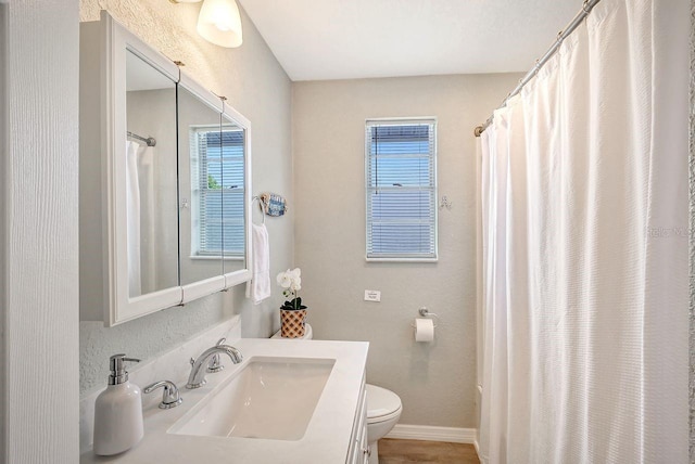 bathroom featuring a shower with curtain, toilet, and vanity