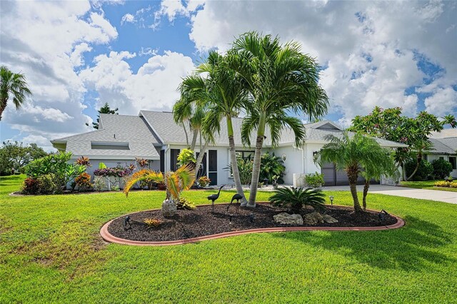 view of front of home featuring a garage and a front lawn