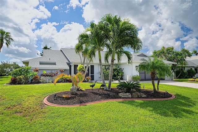 view of front of property with a garage, a front lawn, concrete driveway, and stucco siding