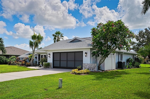 ranch-style home featuring stucco siding, concrete driveway, central AC unit, a garage, and a front lawn