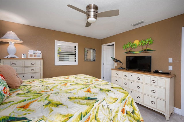 bedroom with ceiling fan and visible vents