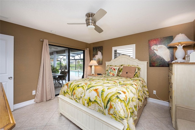 bedroom with access to outside, baseboards, a ceiling fan, and light tile patterned flooring